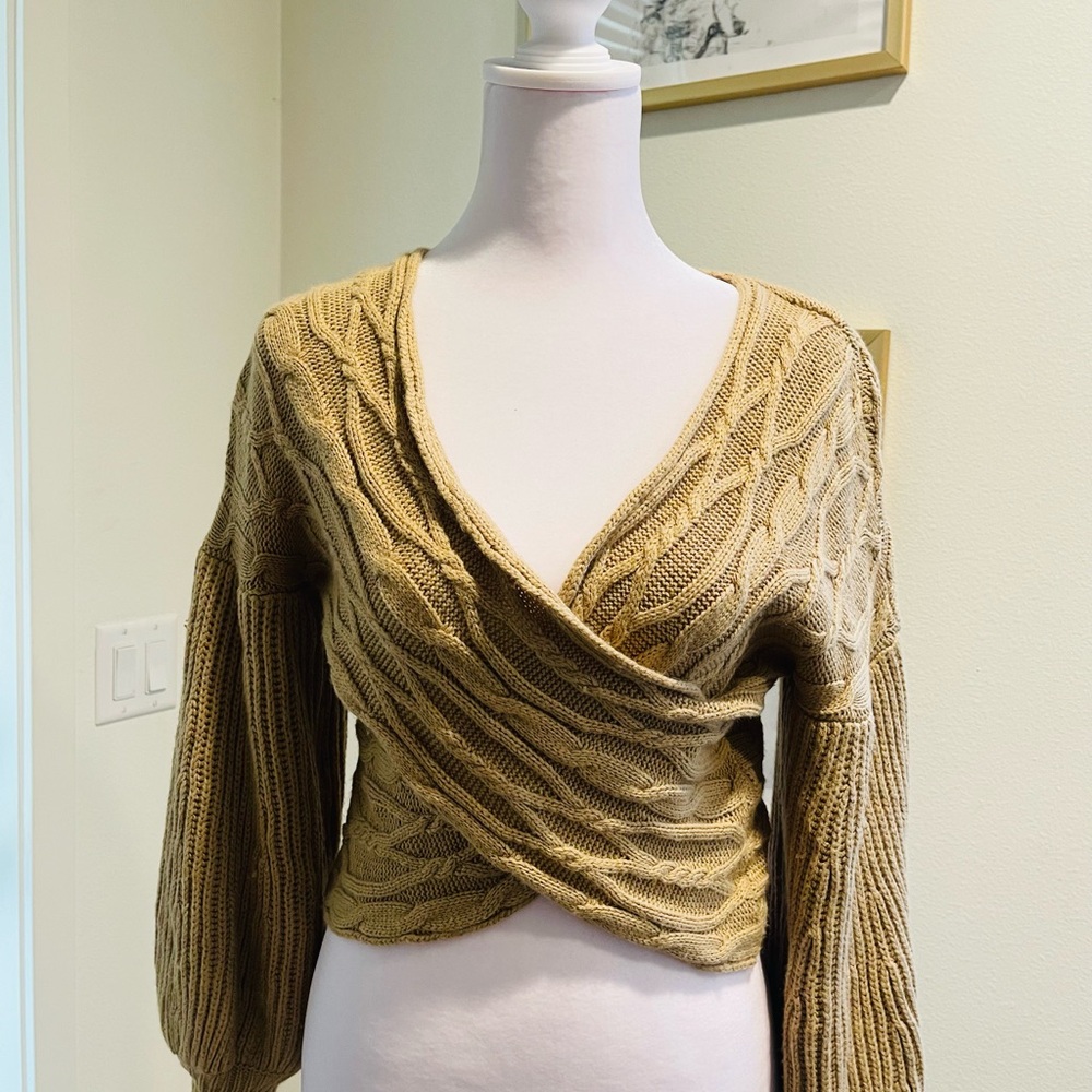 Cable Knit Wrap Sweater - Tan